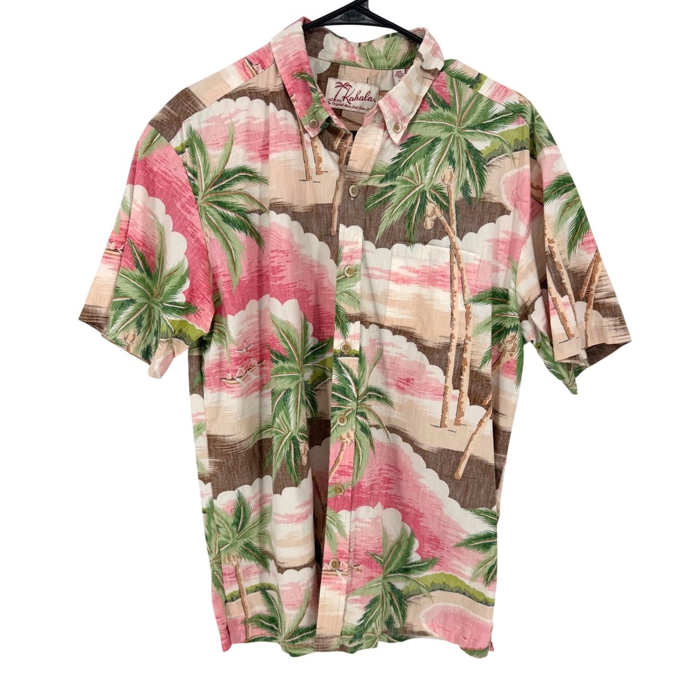 Kahala Aloha Shirt Palm Tree Scenic Large Pink Brown Cotton Button Down Hawaii